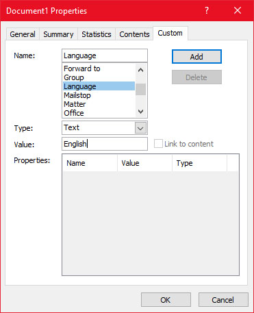 Document Properties - Custom tab