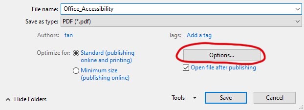 Save As dialogue box for PDF with Option... button circled